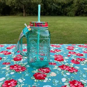 Last One 🌺 New Pioneer Woman Delaney Cassie Glass Teal Blue Drinking Mason Jar